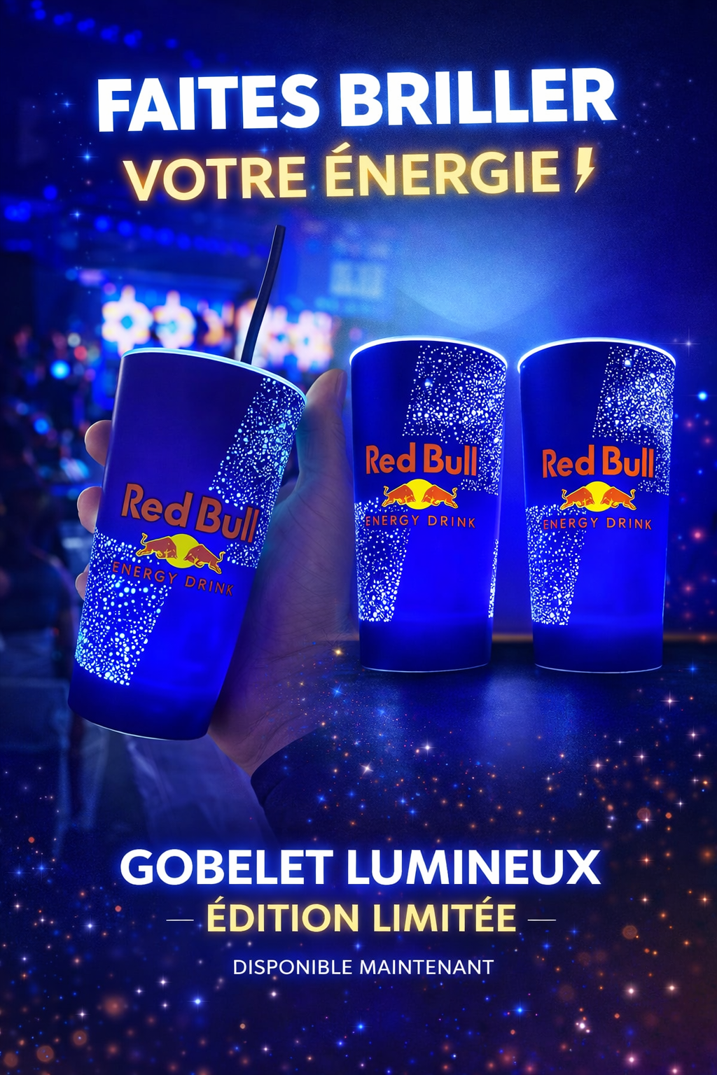 Verre "Red bull" lumineux avec paille en métal + capuchon de fermeture M'Trends