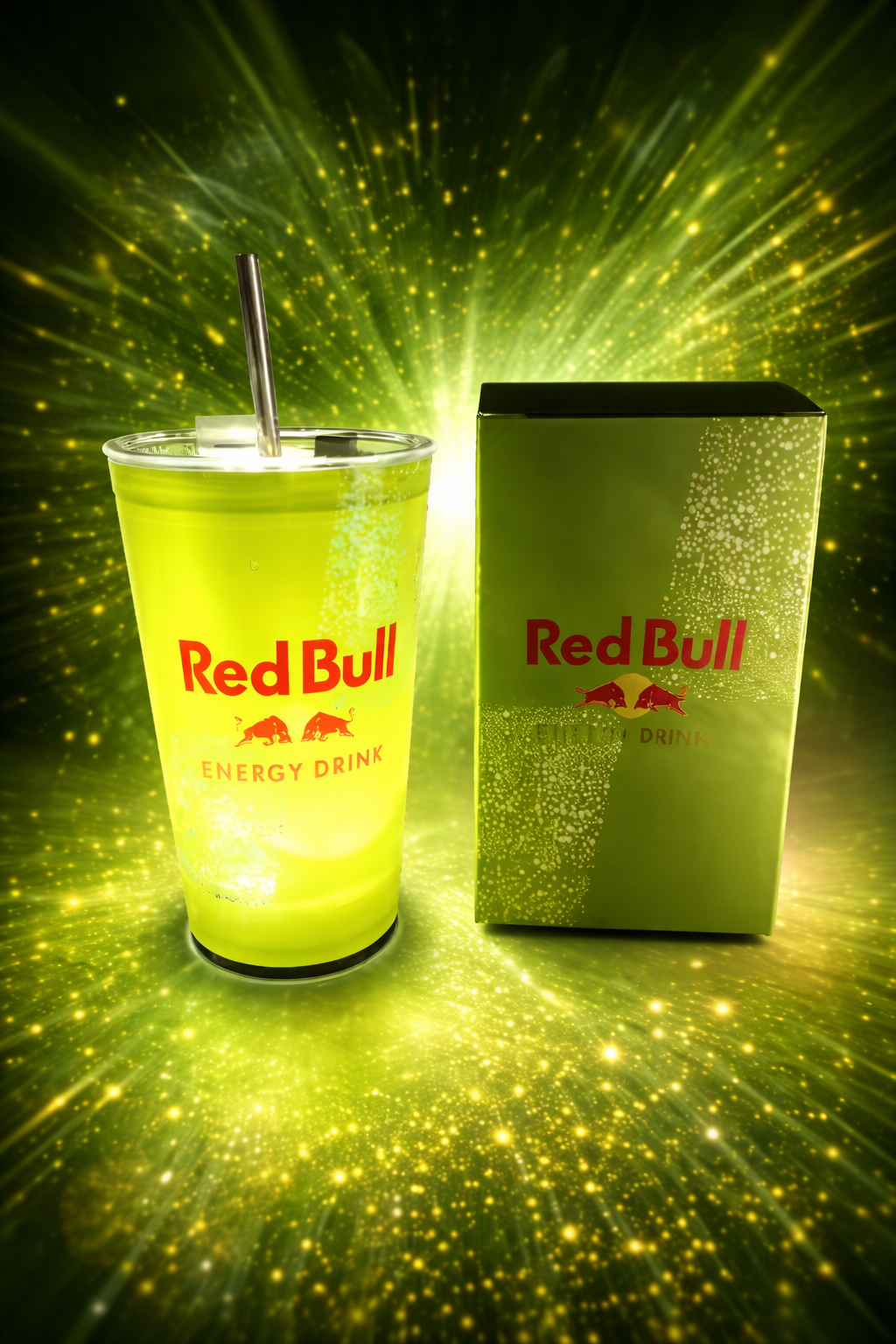 Verre "Red bull" lumineux avec paille en métal + capuchon de fermeture M'Trends