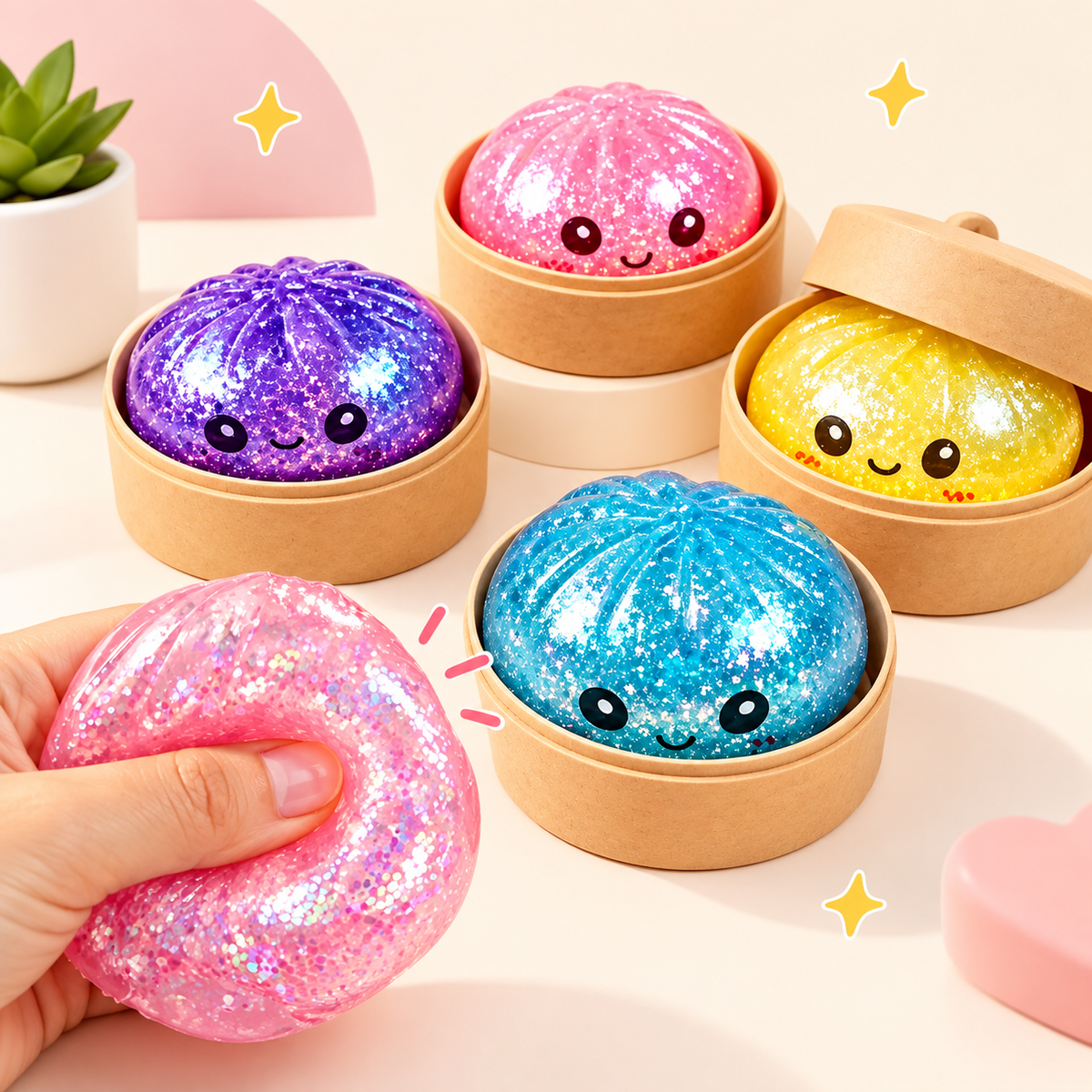 Squishy Bao en forme de boulette, boule anti-stress, jouet sensoriel - Couleurs aléatoire