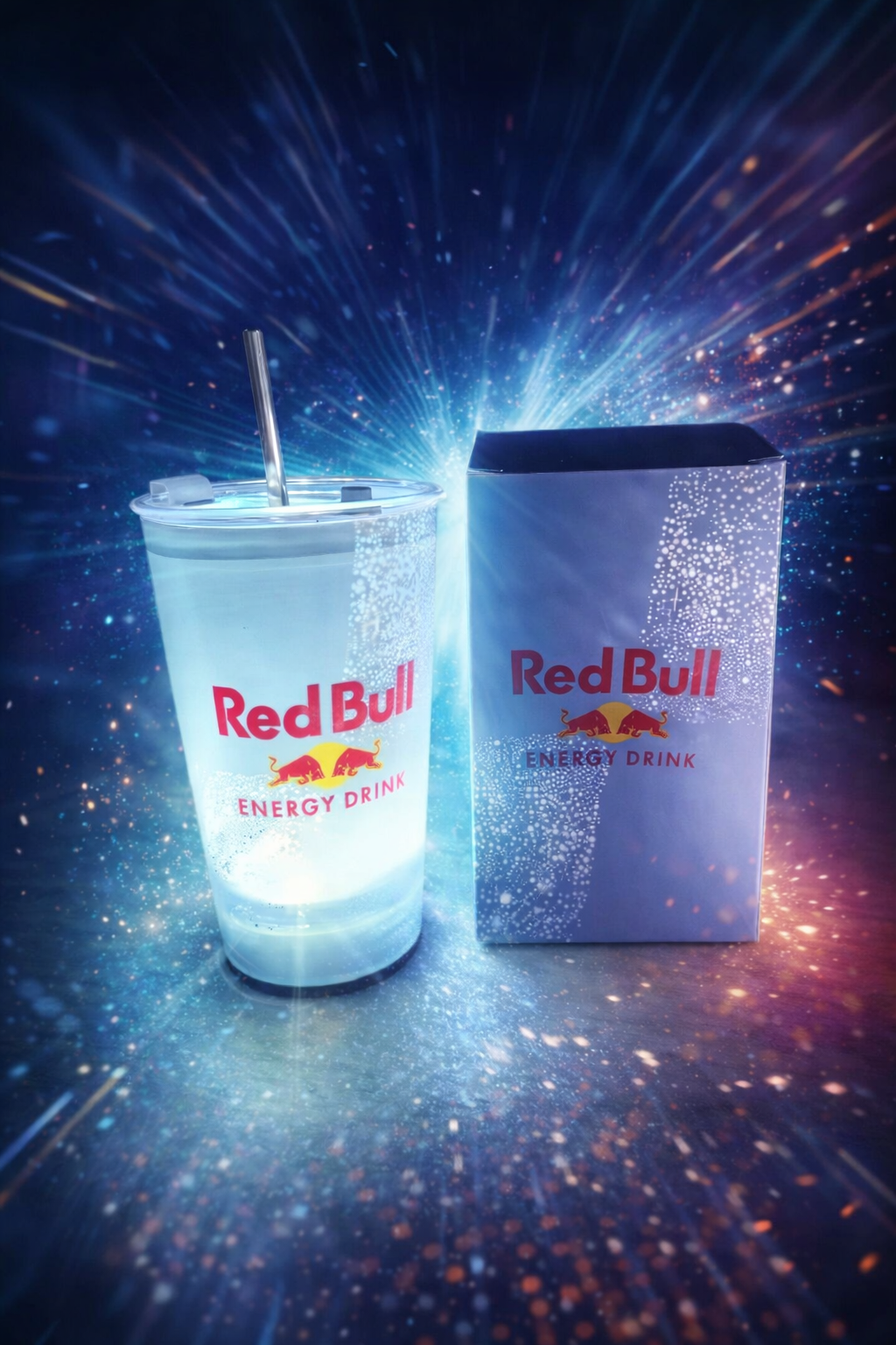 Verre "Red bull" lumineux avec paille en métal + capuchon de fermeture M'Trends